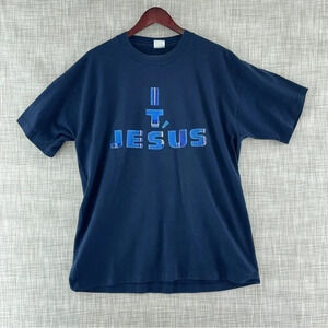 Vintage Best tag "it's Jesus" single stitch navy blue t shirt mens XL  9041/b